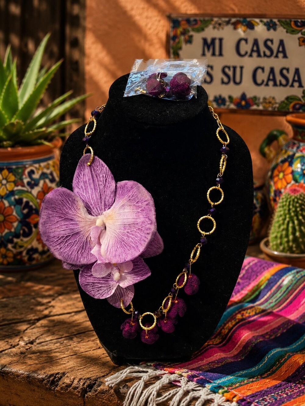 Statement Purple Orchid Necklace with Gold Rings